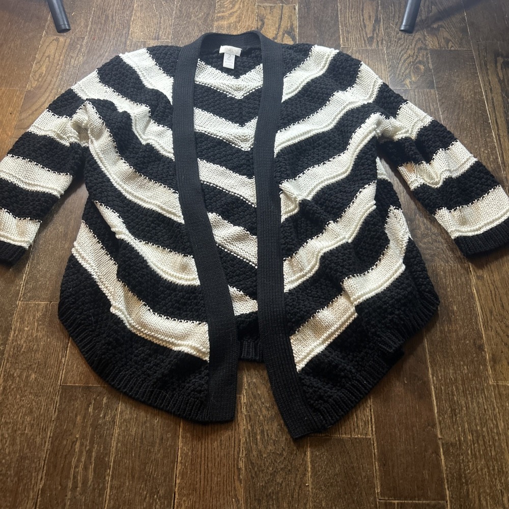 Chicos Haley Cardigan‎ Sweater Womens Size 2 Large Black White Striped Stitch